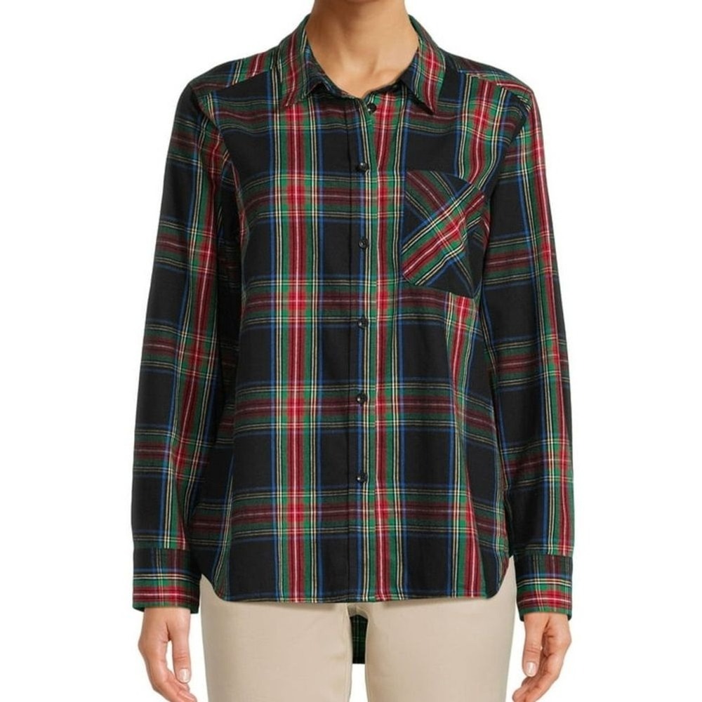 Time and Tru Women's Plaid Flannel Button Down‎ Shirt Black Red Green M